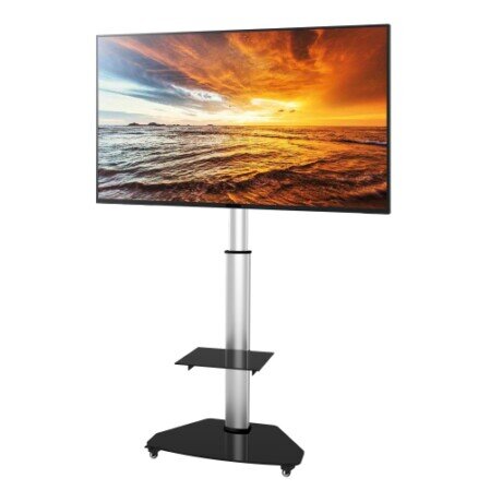 TV 4K su Staffa da Pavimento Immagine di una TV 4K montata su una staffa da pavimento, ideale per un’esperienza visiva ottimale in qualsiasi ambiente.
